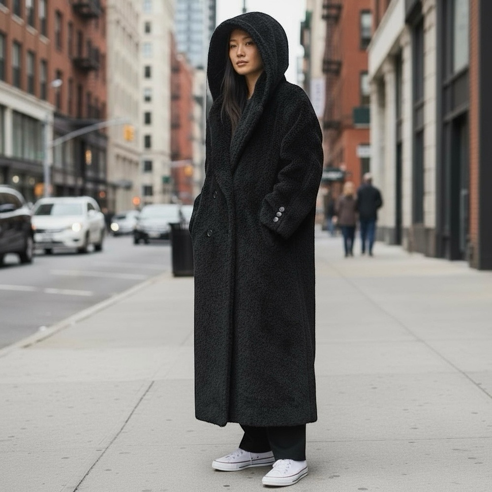 Max Mara Alpaca Wool Hooded Long Coat — Double Breasted, Black, Size 8 - Picture 3 of 12